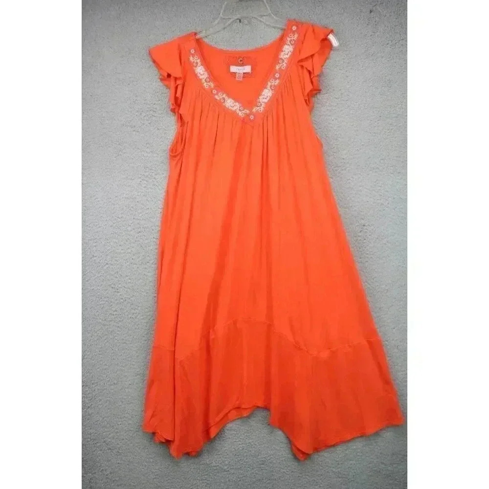 Cupio Embroidered Orange Loungewear Gown-Size Medium-Asymmetrical Hemline
